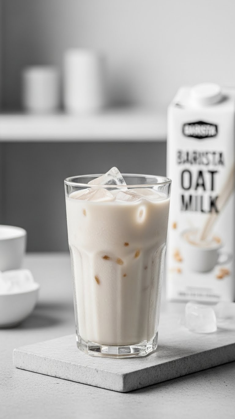 Whipped Coffee With Oat Milk Easy Vegan Recipe That Always Works 5 Tall glass of iced oat milk with condensation and ice cubes ready for whipped coffee topping.