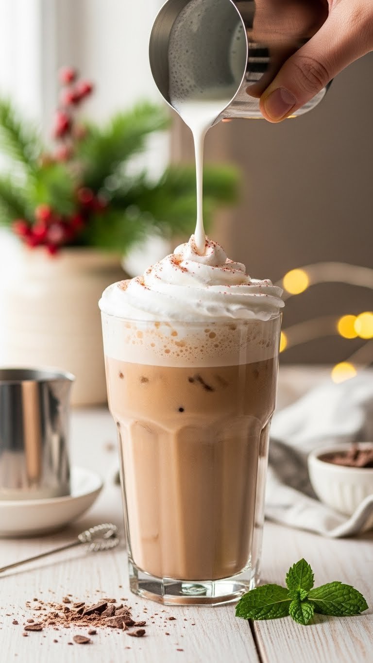 Tall glass of iced peppermint mocha topped with fluffy whipped cream against soft festive holiday background