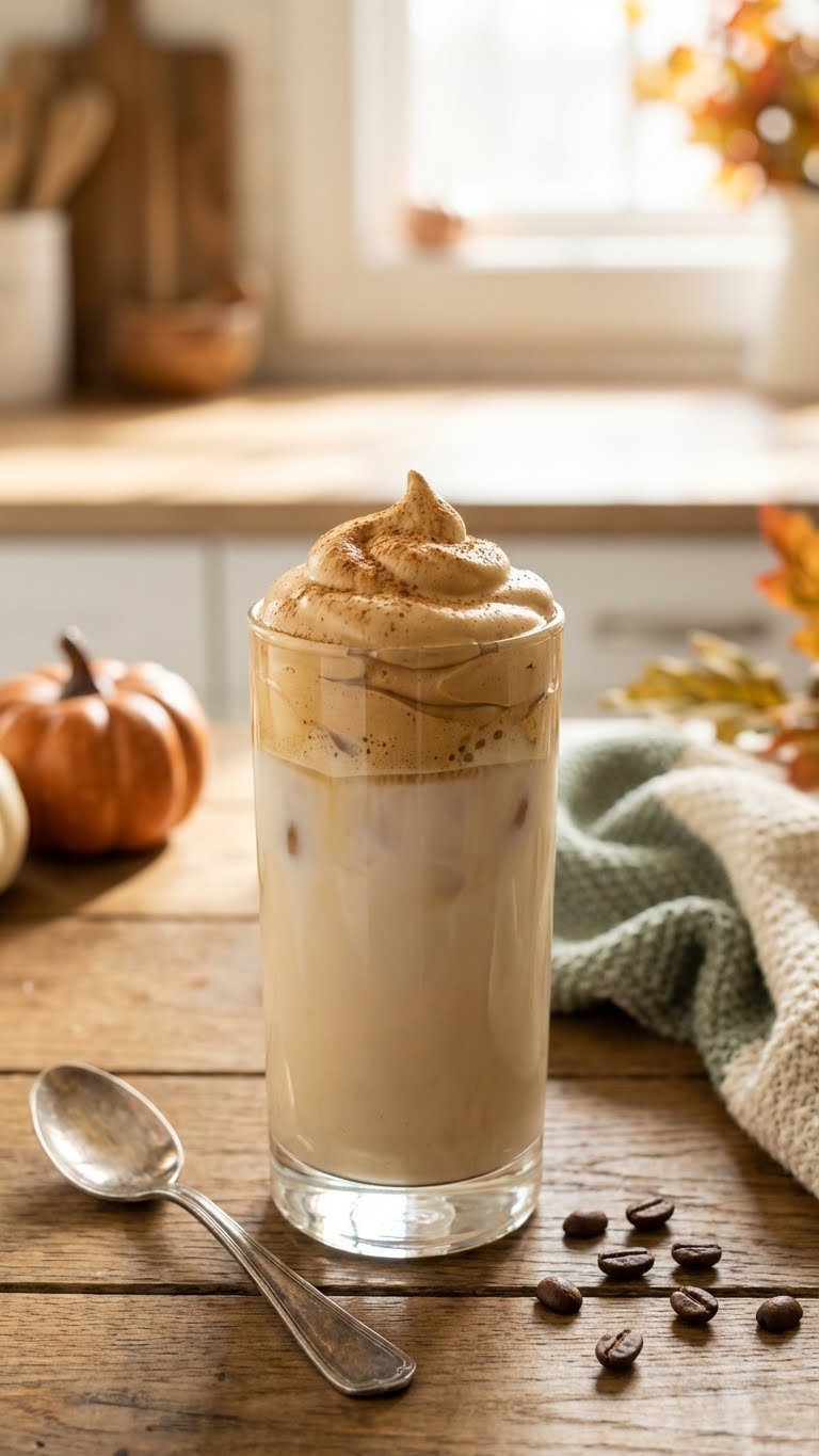 Pumpkin Whipped Coffee Recipe Easy Creamy Dalgona Style 1 Tall glass of iced pumpkin whipped coffee with fluffy foam swirl on rustic wooden table with autumn decor background