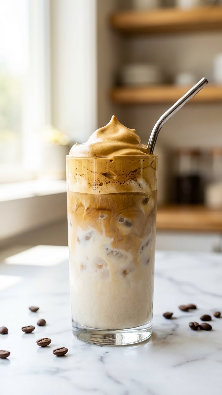 Sugar Free Whipped Coffee Recipe That Works Without Sugar 1 Tall glass of iced sugar-free whipped coffee with layered almond milk and fluffy foam peaks on marble countertop with coffee beans garnish