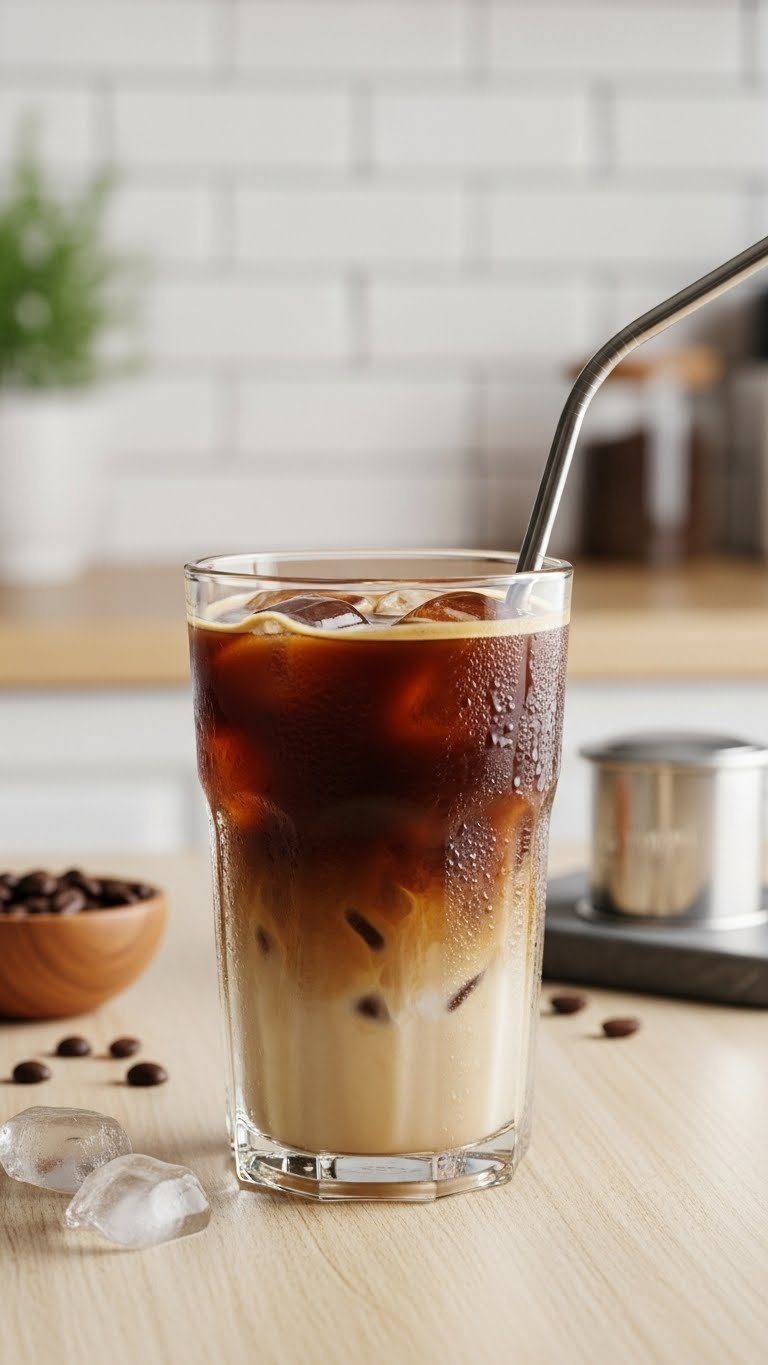 Proven Keto Vietnamese Coffee: 7 Ultimate Recipes for Sips 1 Tall glass of keto Vietnamese iced coffee with layered dark brew and creamy condensed milk alternative, ice cubes, condensation, and metal straw on light wood table.