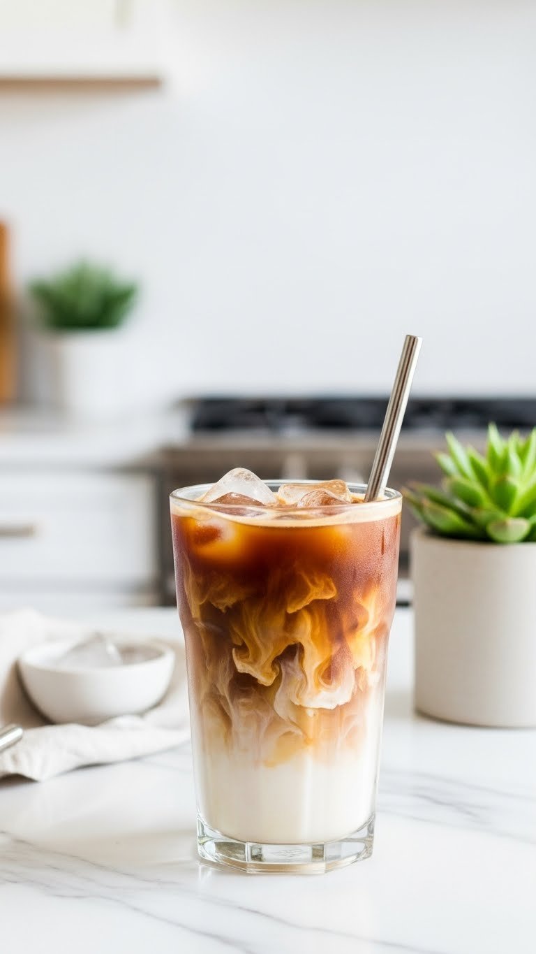 Tall glass of keto iced coffee with creamy swirl of heavy cream dissolving into dark liquid on white marble countertop