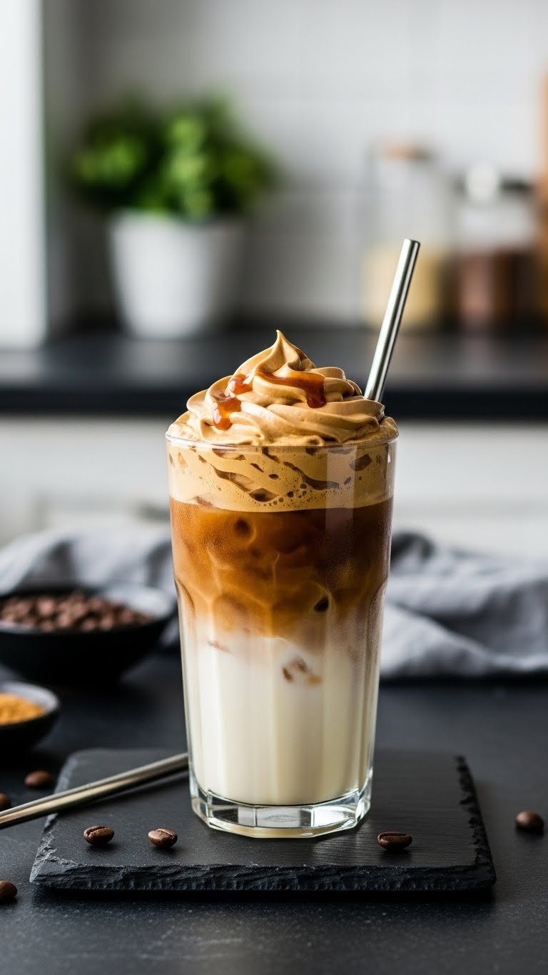 Vietnamese Whipped Coffee Easy Authentic Recipe Guide 1 Tall glass of layered iced Vietnamese whipped coffee with rich caramel foam, condensed milk, and metal straw on dark slate with coffee beans.