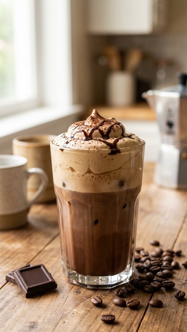 Tall glass of layered iced mocha whipped coffee with fluffy foam peaks on rustic wooden table with coffee beans garnish