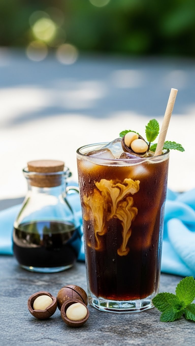 Tall glass of macadamia nut cold brew with ice, swirling syrup marble effect, and condensation on stone surface outdoors.