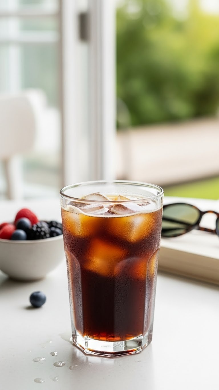 Tall glass of refreshing iced black coffee with ice cubes and condensation on minimalist white patio table