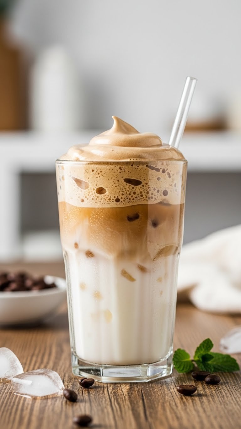 Tall glass tumbler of whipped iced coffee with creamy milk layer and frothy foam topped with reusable straw on rustic table