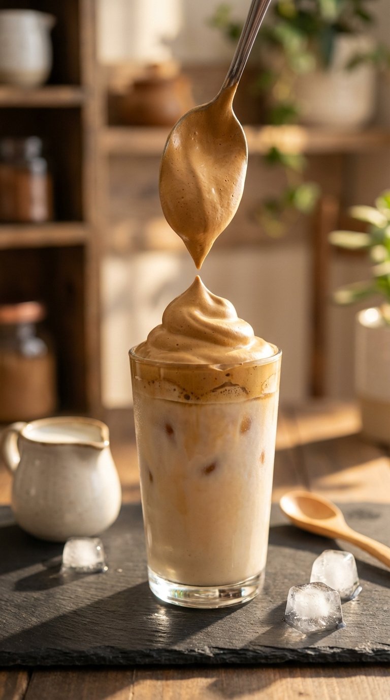 Vegan Whipped Coffee Recipe for Fluffy Dairy Free Perfection 9 Tall glass with iced plant milk receiving dollop of fluffy whipped coffee foam in golden hour lighting