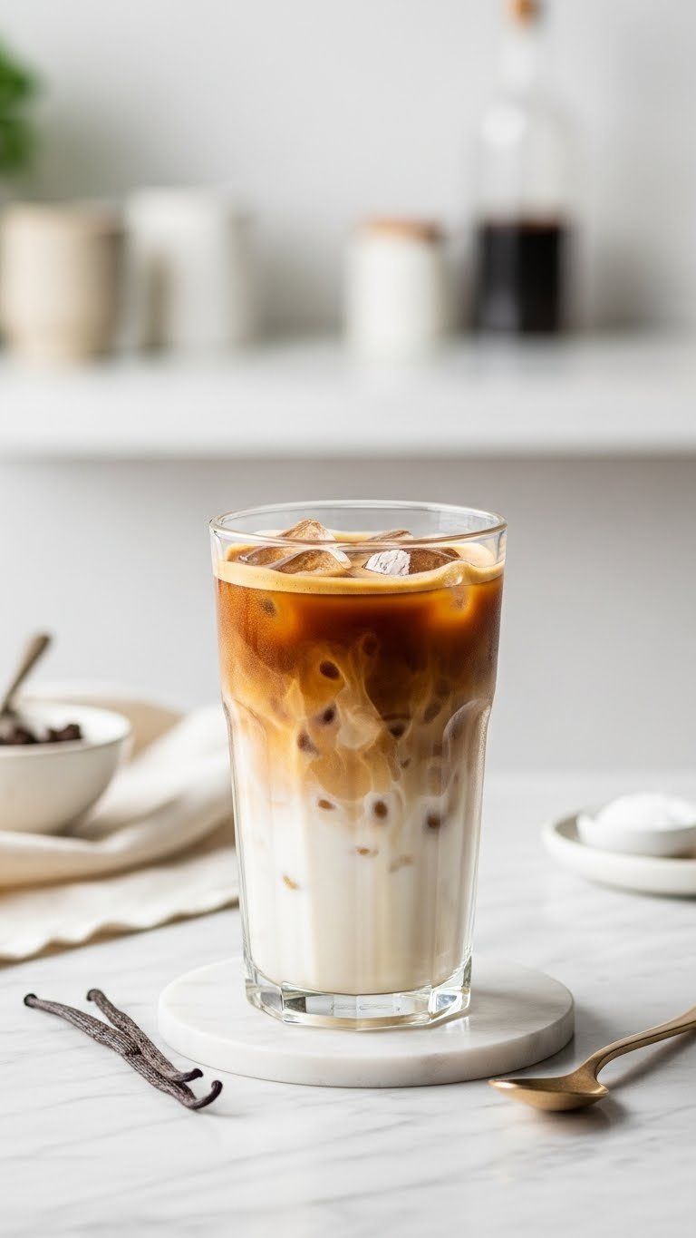 Tall iced vanilla latte glass with espresso layered on vanilla milk against light marble countertop with vanilla bean.