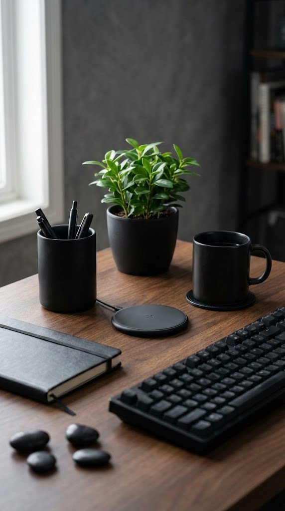 Tastefully organized dark wooden desk with black pen holder, wireless charger, ceramic mug, and green plant.