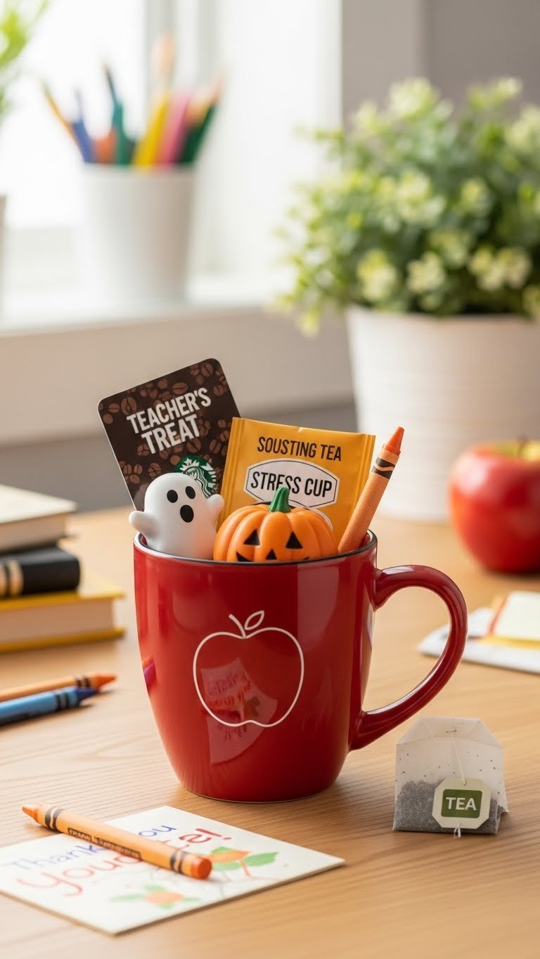 Teacher's treat Halloween coffee mug with ghost illustration filled with gift card, stress ball, and soothing tea bags