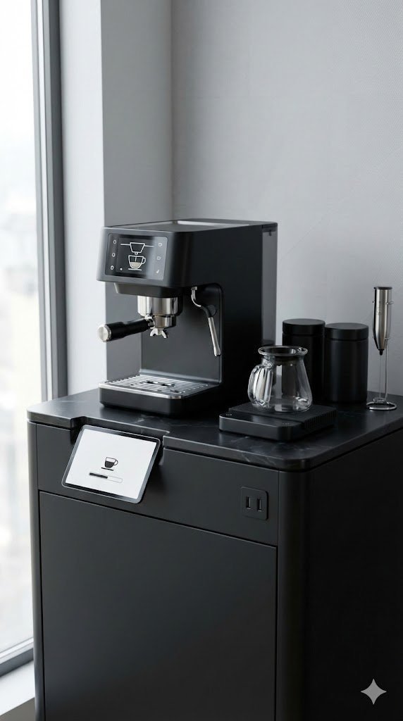 Tech-integrated smart black coffee hub with concealed USB ports and digital scale featuring sleek espresso machine on marble countertop.