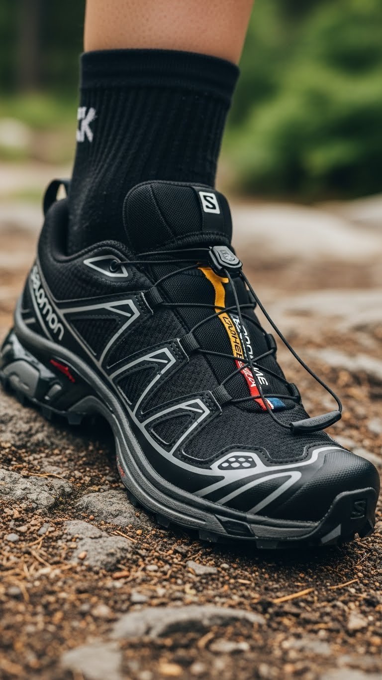 Technical close-up of Salomon XT-6 Black Coffee Quicklace system and Contragrip sole on rugged outdoor trail.