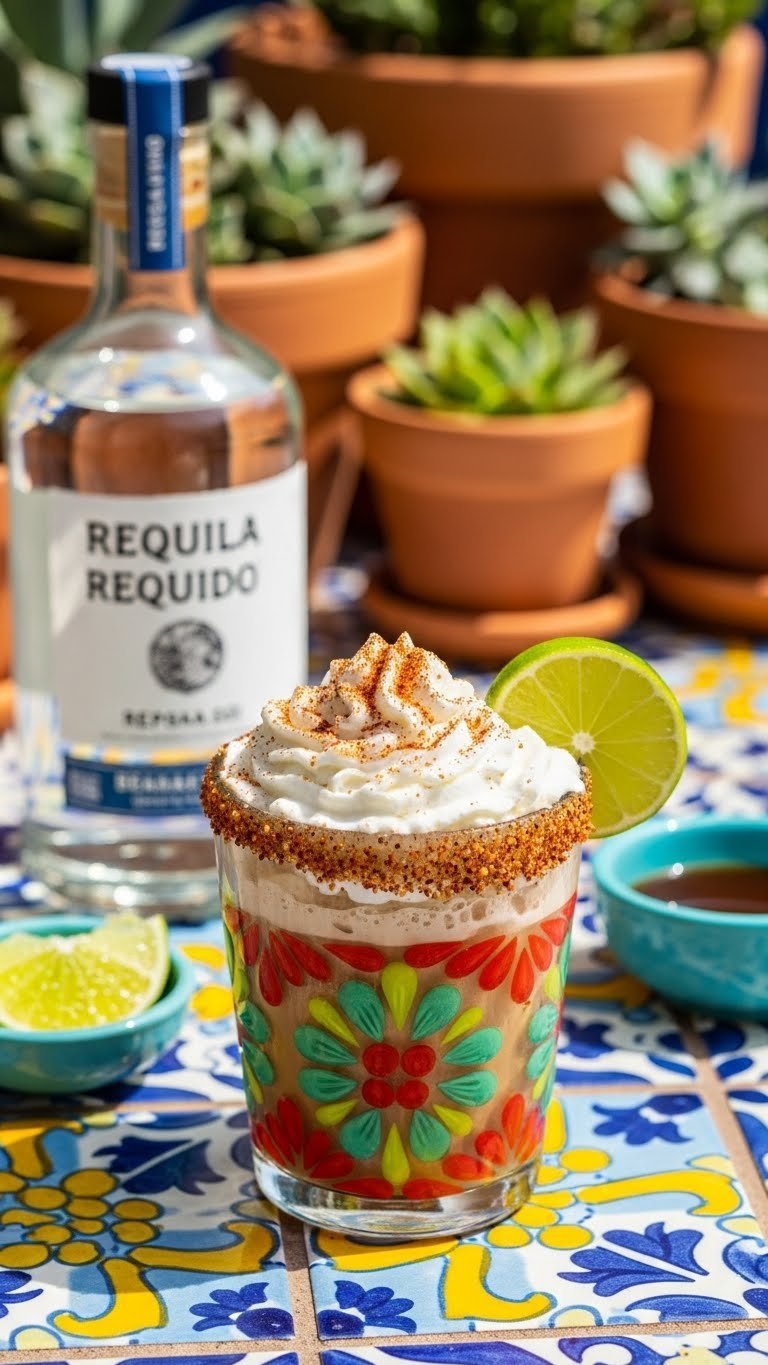 Whipped Coffee Cocktail Recipe With Proven Fluffy Texture 9 Tequila whipped coffee cocktail in vibrant Mexican glass with chili powder and lime wedge on colorful tiled surface