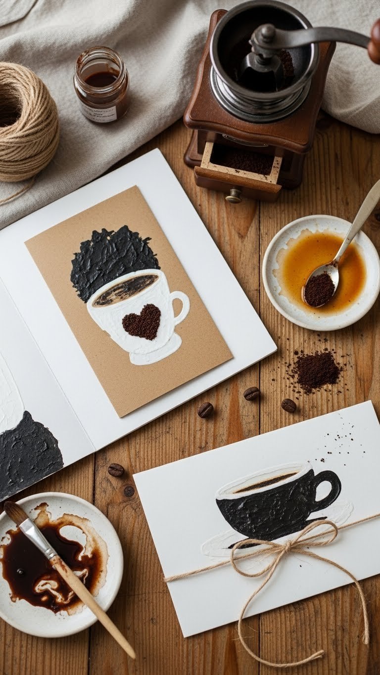 Textured coffee art greeting card with dimensional coffee ground heart design