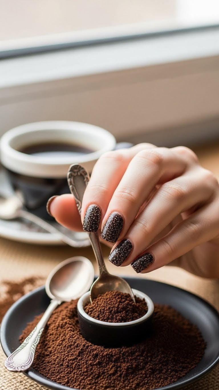 Textured coffee grounds nails with gritty dark brown finish on ceramic saucer filled with actual coffee grounds