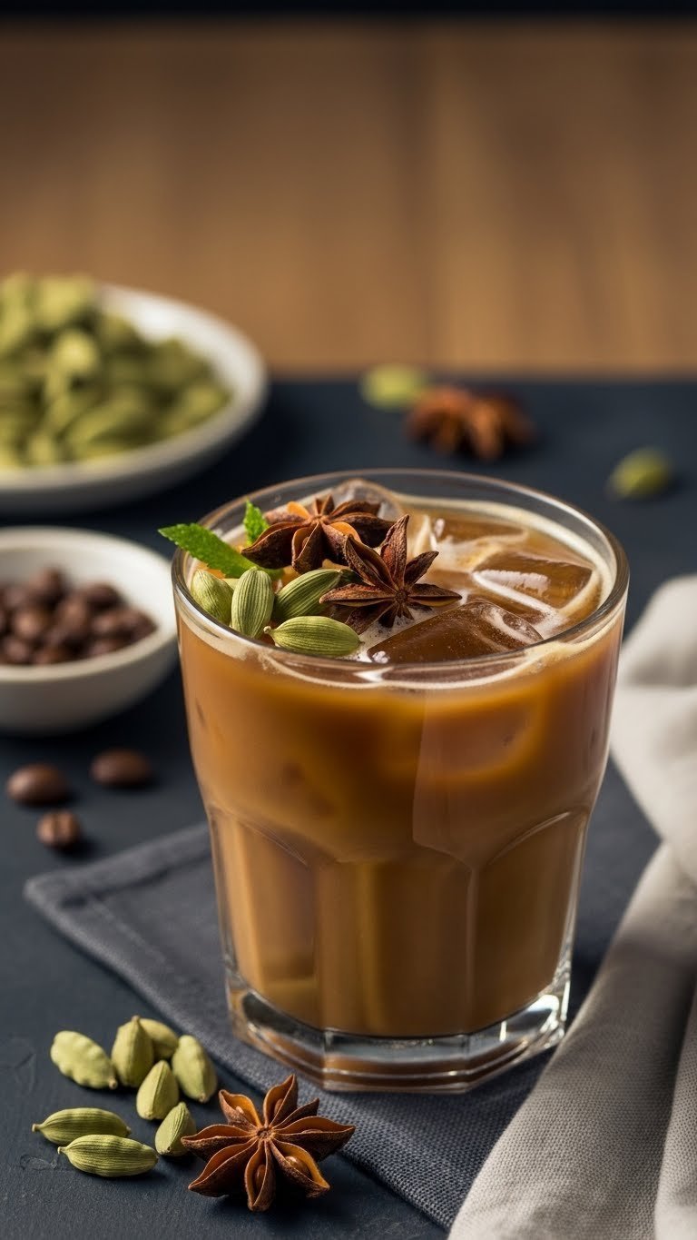 Thai iced coffee garnished with whole green cardamom pods and star anise on textured dark placemat