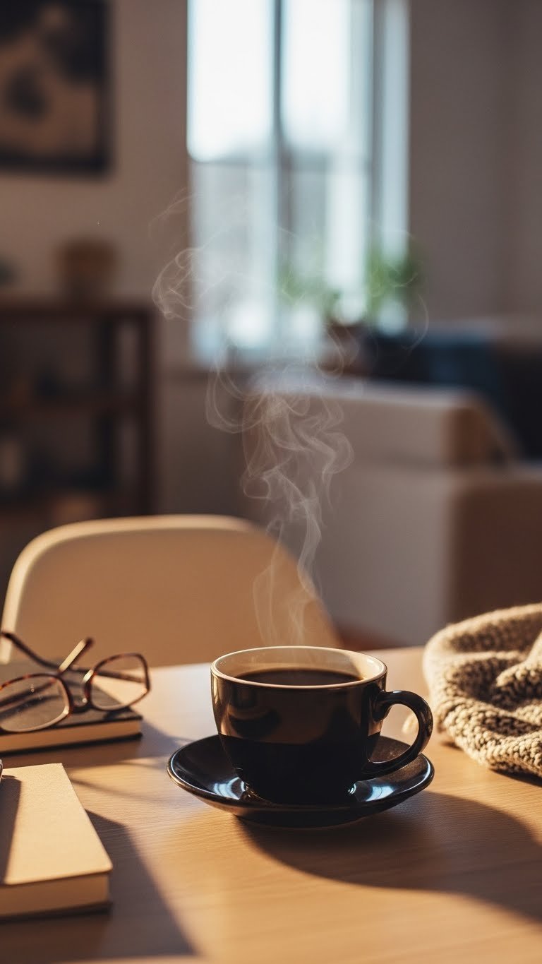 Thematic coffee scene with props telling cozy morning story on light-colored wooden desk