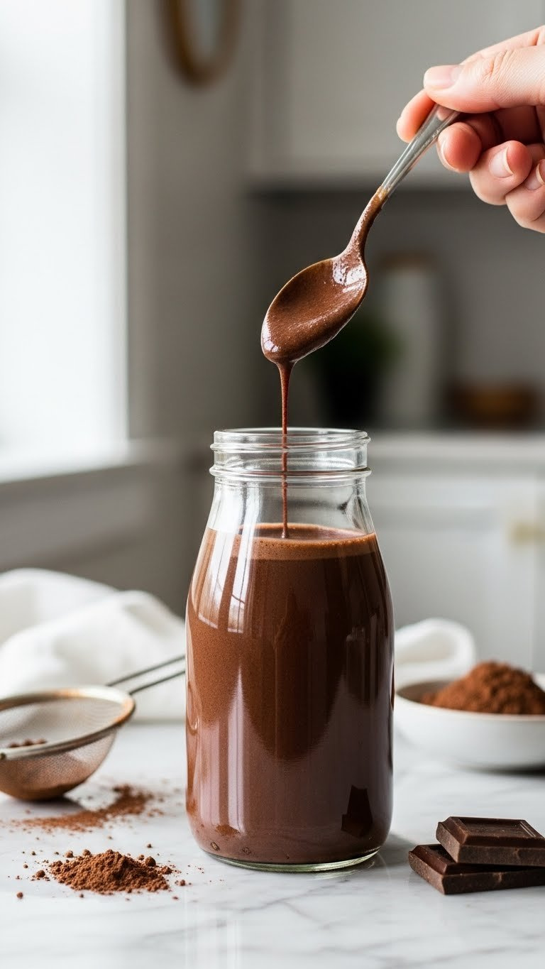 Thick chocolate keto creamer dripping from spoon into sleek glass bottle with cocoa powder on marble countertop
