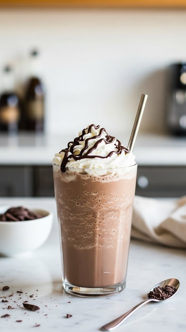 Thick chocolate protein frappuccino in a frosted glass with whipped cream, chocolate drizzle, and metal straw on marble.