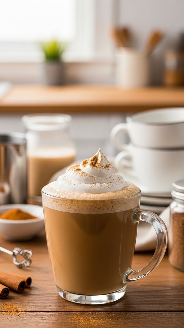 Thick frothy keto gingerbread creamer dollop on hot coffee in glass mug with cinnamon dusting and spices