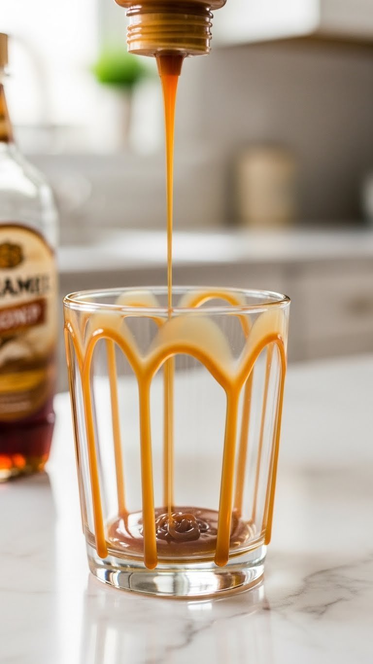 Thick glossy caramel syrup drizzling down inside walls of clear glass tumbler on marble kitchen counter