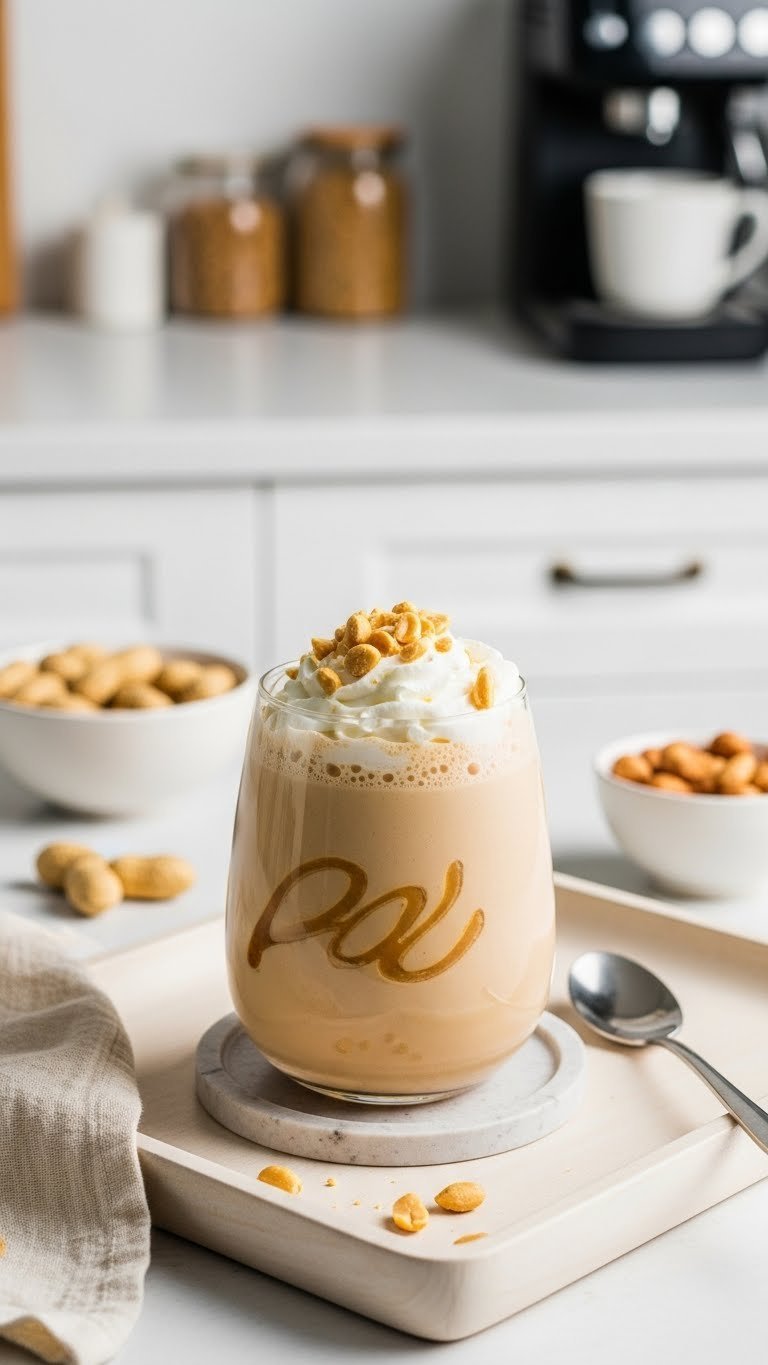 Protein Coffee Shake: 7 Easy Recipes for Energy & Health 7 Thick keto peanut butter protein coffee shake with whipped cream, chopped peanuts, and a peanut butter swirl in a wide glass.