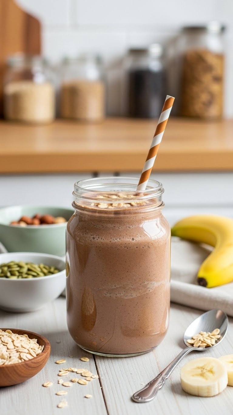 Protein Coffee Blended: Essential Guide for Smooth Energy 11 Thick meal replacement protein coffee smoothie in a mason jar with oats, banana slice, on wood.