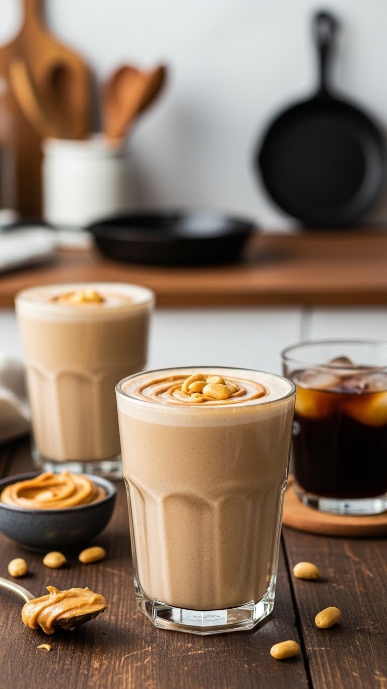 Thick peanut butter keto coffee protein shake with peanut butter swirl and roasted peanuts garnish