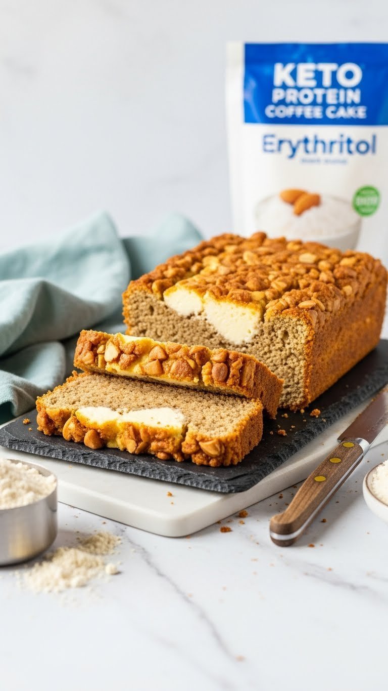 Thick slice of keto protein coffee cake with cream cheese swirl, fine crumb, on a slate board. Low-carb healthy dessert.