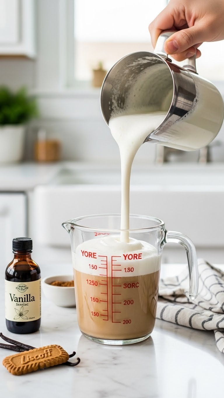 Ultimate Cookie Butter Iced Coffee: Easy Recipe for Perfection 7 Thick velvety cold foam being poured from milk frother into measuring cup with vanilla extract on marble counter