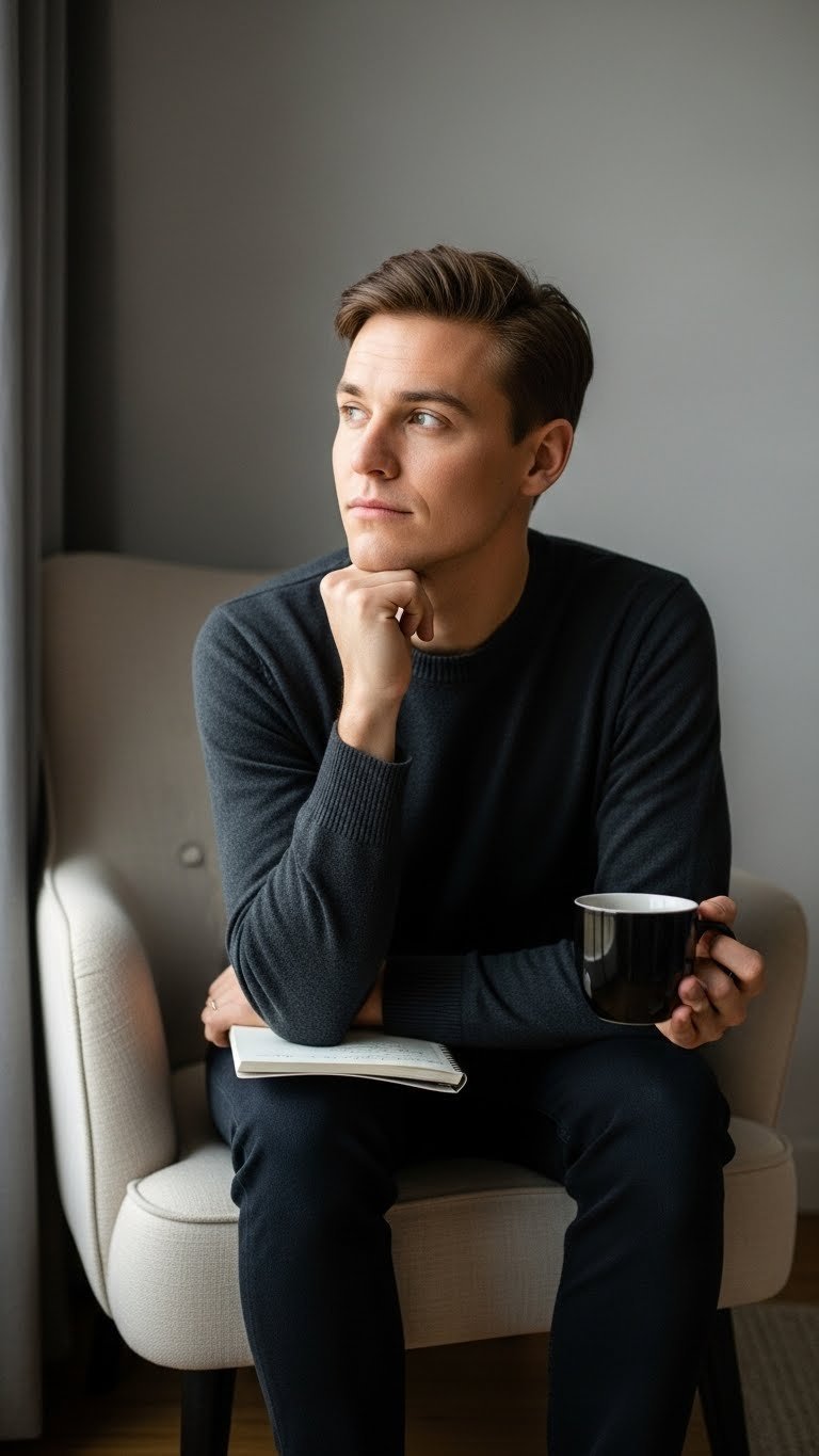 Thoughtful individual contemplating styling challenge in black coffee aesthetic setting with mismatched elements and coffee cup