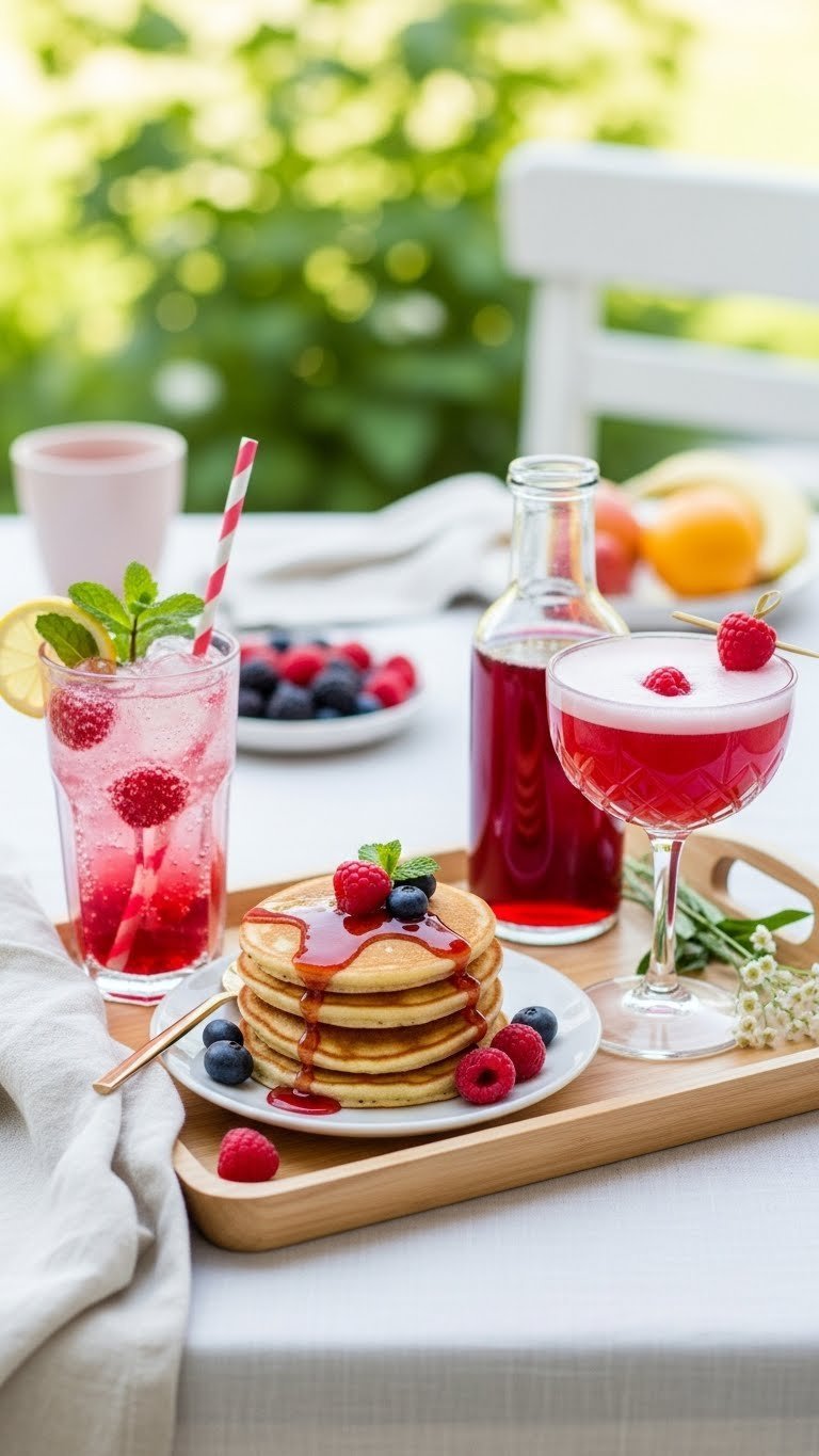 Three beverages featuring raspberry syrup including soda, pancakes, and cocktail arranged on serving tray