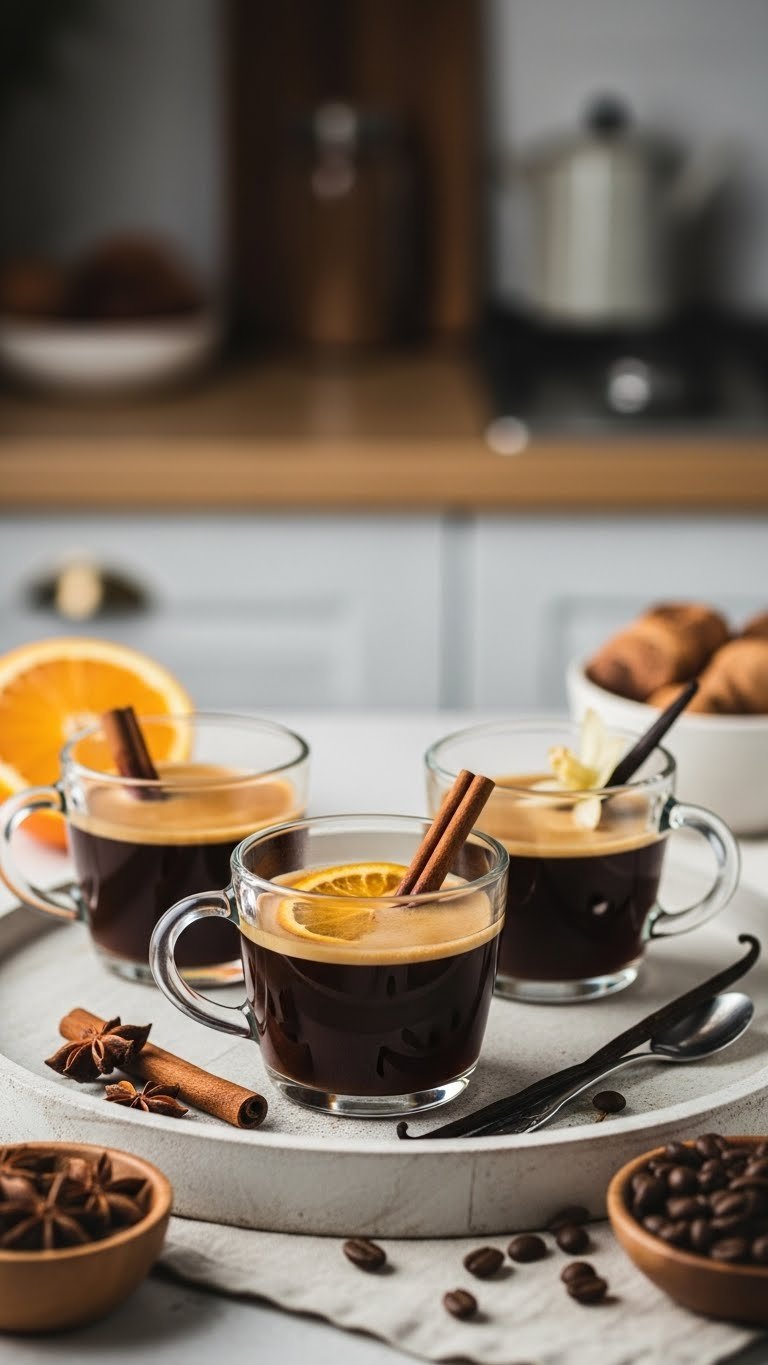 Three clear cups with flavored keto coffee featuring cinnamon stick, orange peel, and vanilla bean on wooden tray with warm golden lighting.
