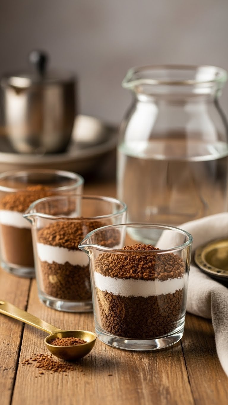 Three clear glass ramekins showing 1:1:1 ratio of coffee, sweetener, and hot water for keto dalgona