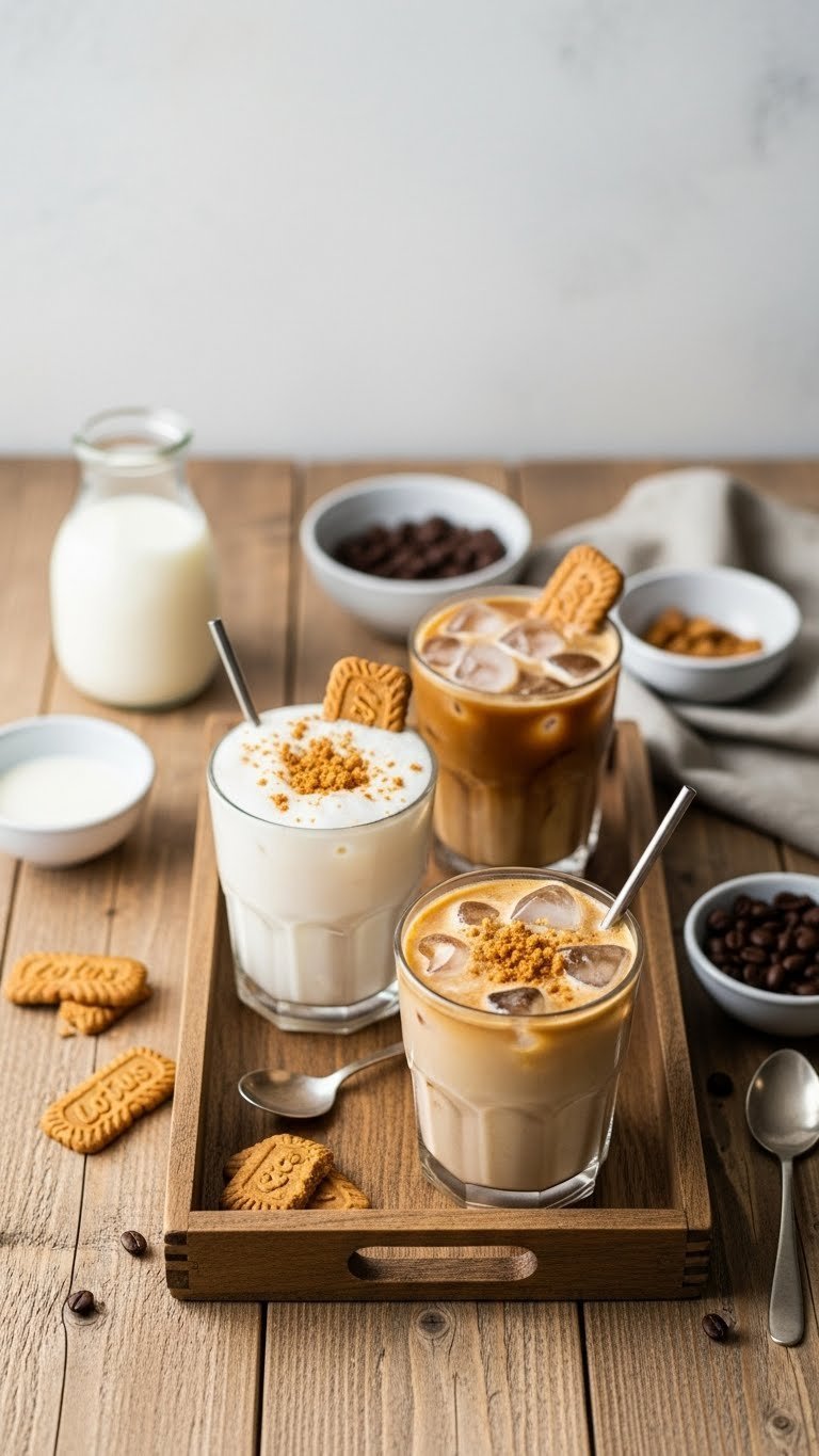 Ultimate Cookie Butter Iced Coffee: Easy Recipe for Perfection 13 Three cookie butter iced coffee variations side-by-side on rustic wooden tray with alternative milk options