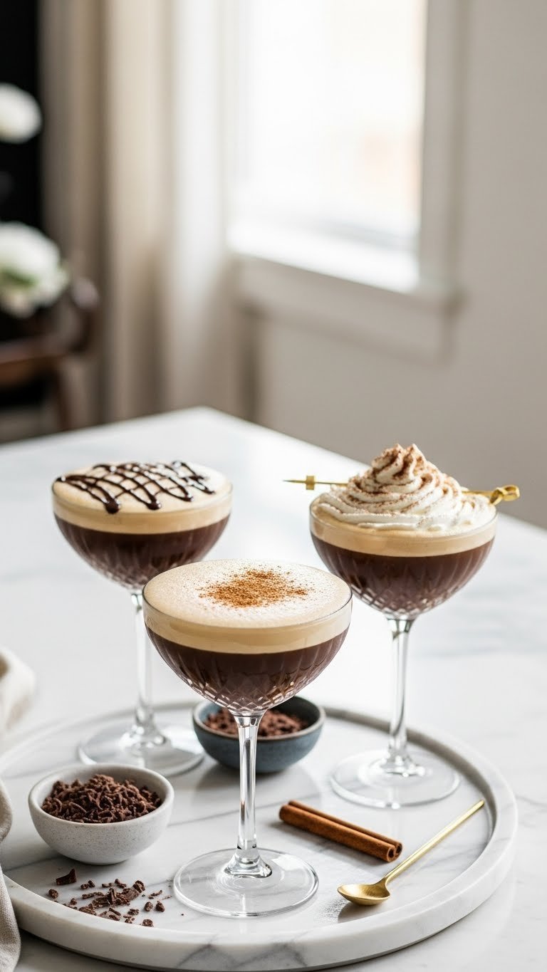 Master Whipped Coffee Espresso Martini: 7 Proven Tips 13 Three creative whipped coffee espresso martini variations with chocolate drizzle and cinnamon garnish on tray
