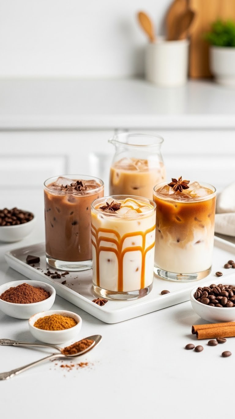 Three customizable almond milk iced coffee variations with different garnishes on serving tray