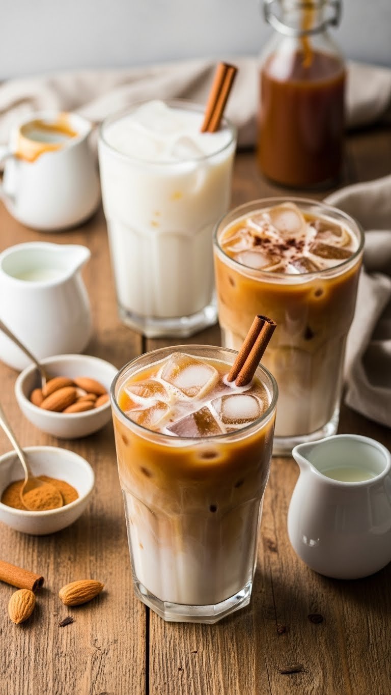 Three customizable iced vanilla coffees with different milk options arranged aesthetically on rustic wooden table