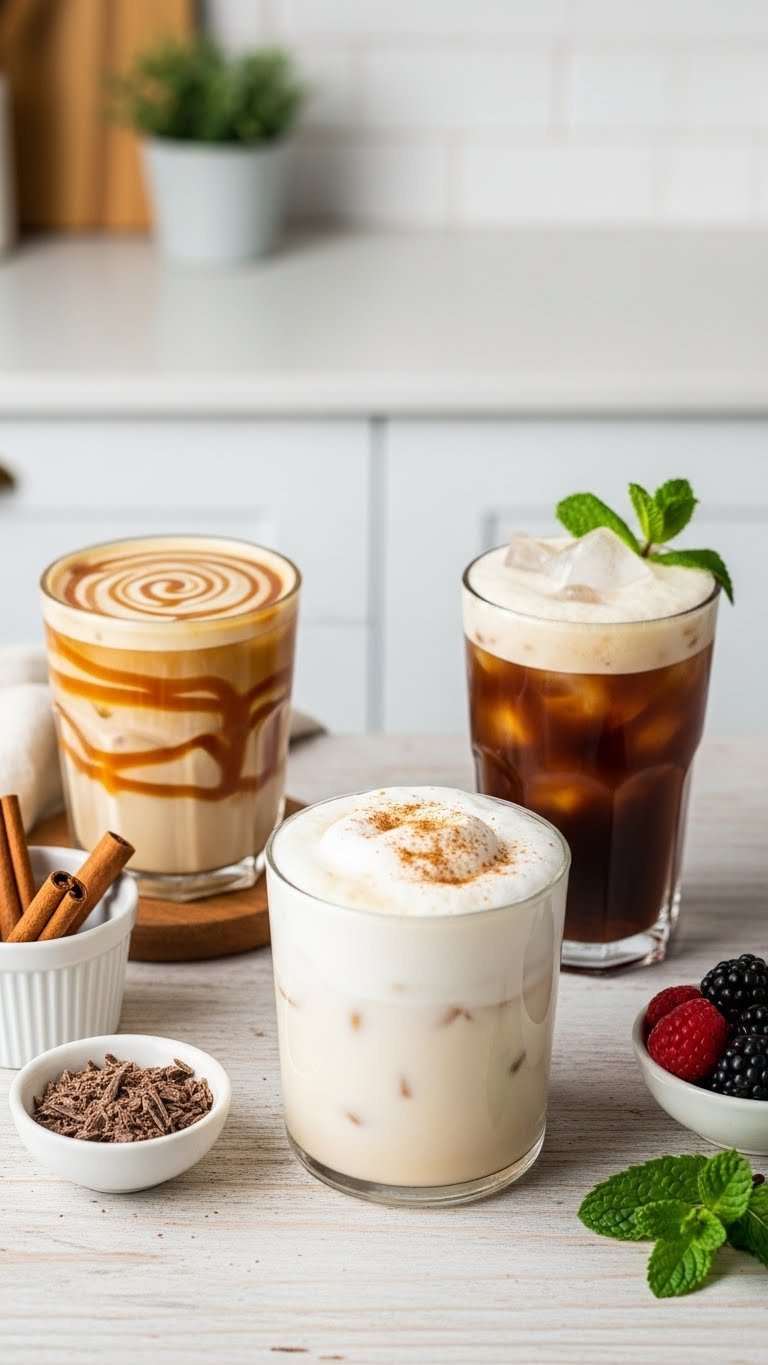 Three customized cold brew iced coffee glasses with caramel, cold foam, and mint garnishes