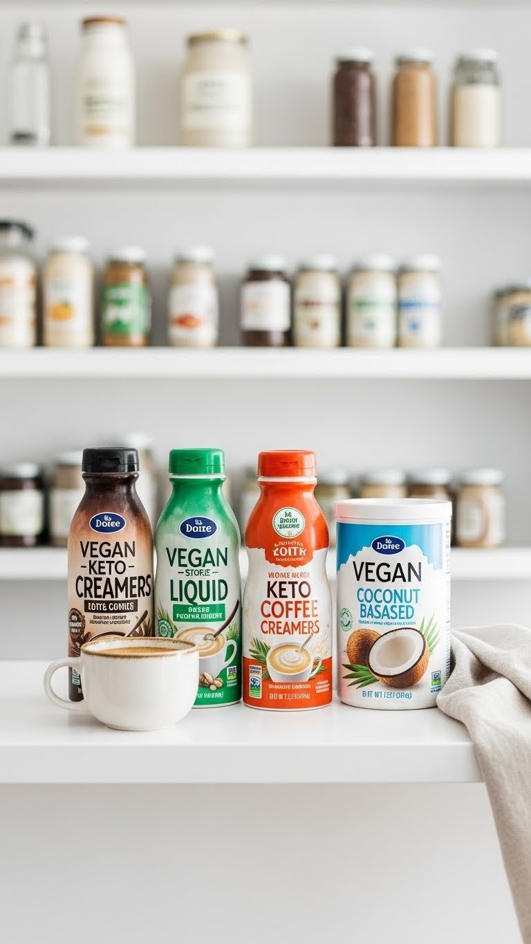 Three different store-bought vegan keto coffee creamer brands arranged on minimalist white shelf