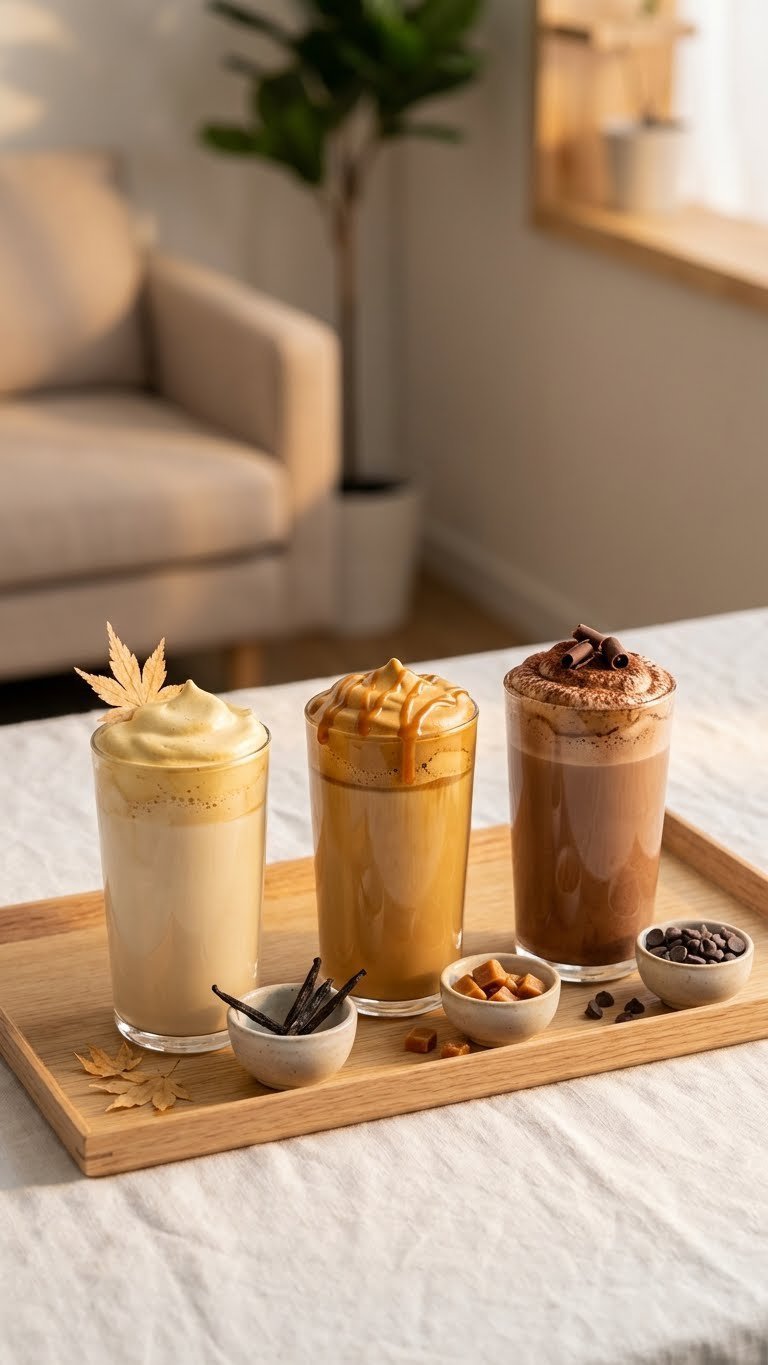 Ultimate Collagen Whipped Coffee: Easy Fluffy Recipe 13 Three distinct flavored collagen whipped coffees: vanilla maple, rich caramel, and vibrant chocolate mocha on a wooden tray.