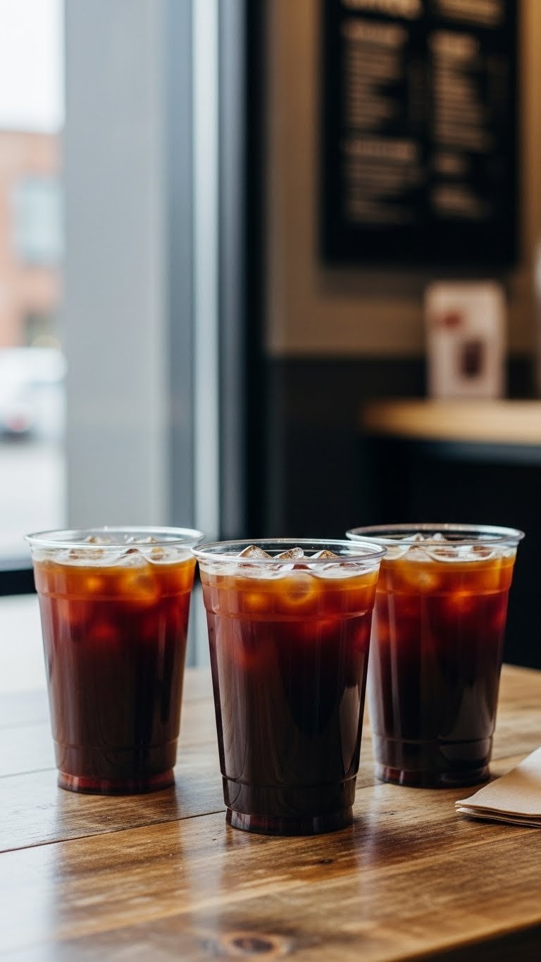 Three distinct iced black coffee cups arranged side-by-side on rustic wooden table