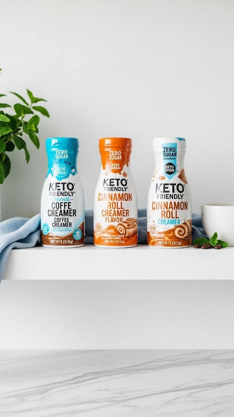 Three distinct keto cinnamon roll coffee creamer bottles arranged on minimalist white shelf with marble countertop