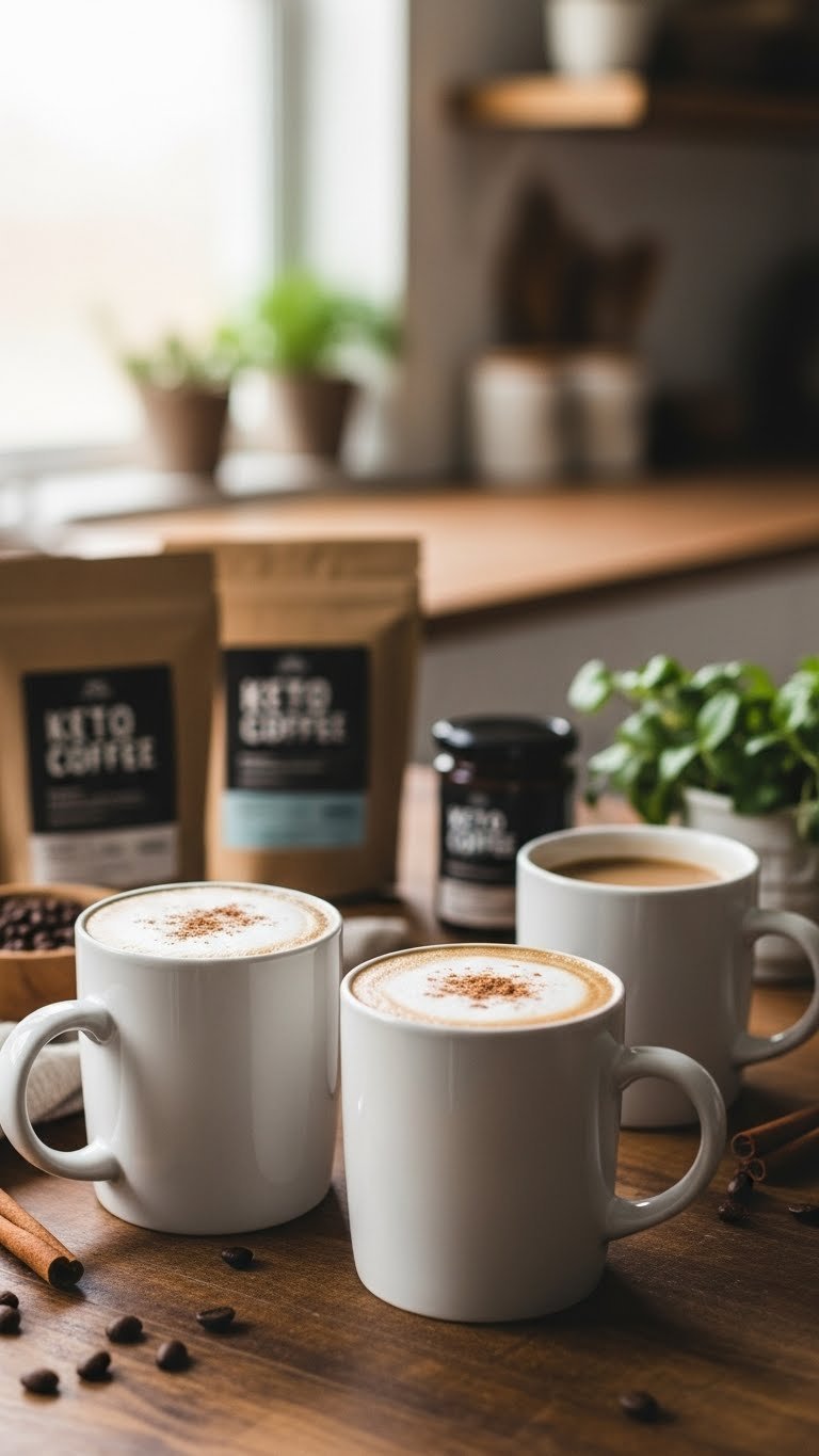Three distinct keto coffee mugs arranged aesthetically on rustic wooden table