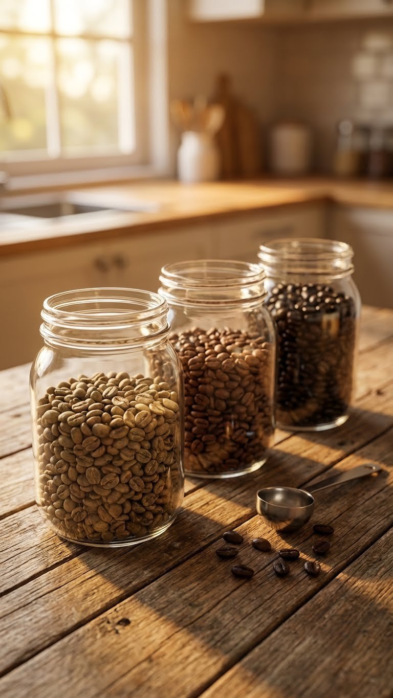 Ground Coffee Whipped: 9 Essential Tips for Dalgona Foam 13 Three distinct whole coffee bean varieties in glass jars sit on a rustic wooden table with a coffee scoop.