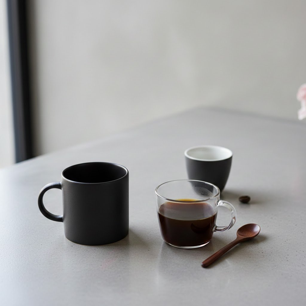 Three elegant coffee ware pieces including matte black mug, glass mug, and espresso cup on polished concrete surface
