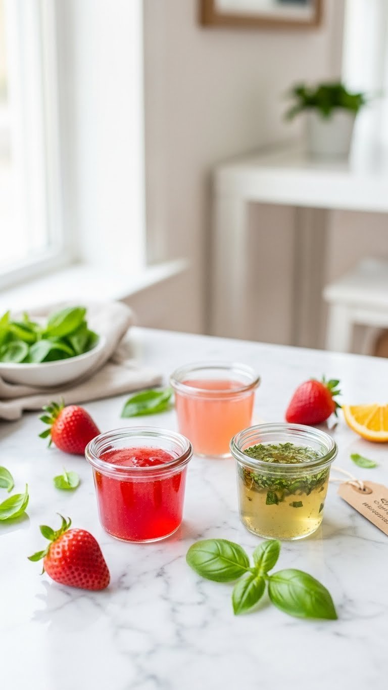 Three elegant glass jars showcasing strawberry syrup variations including regular, sugar-free, and basil-infused with basil leaves