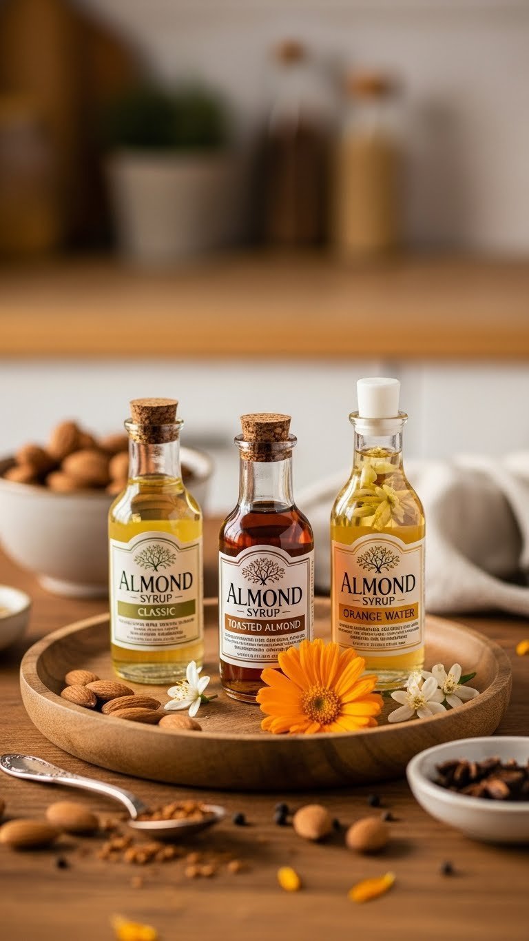 Three elegant glass vials of almond syrup variations arranged on rustic wooden tray with raw almonds and petals