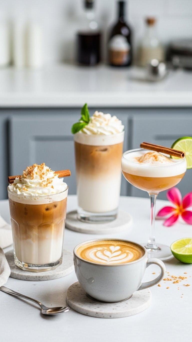Three flavored coffee drinks with coconut syrup variations including iced latte, hot coffee, and mini cocktail